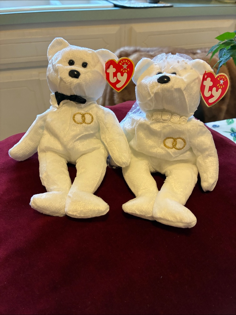 Ty White Wedding Bear Couple Plush with Gold Ring Embroidery